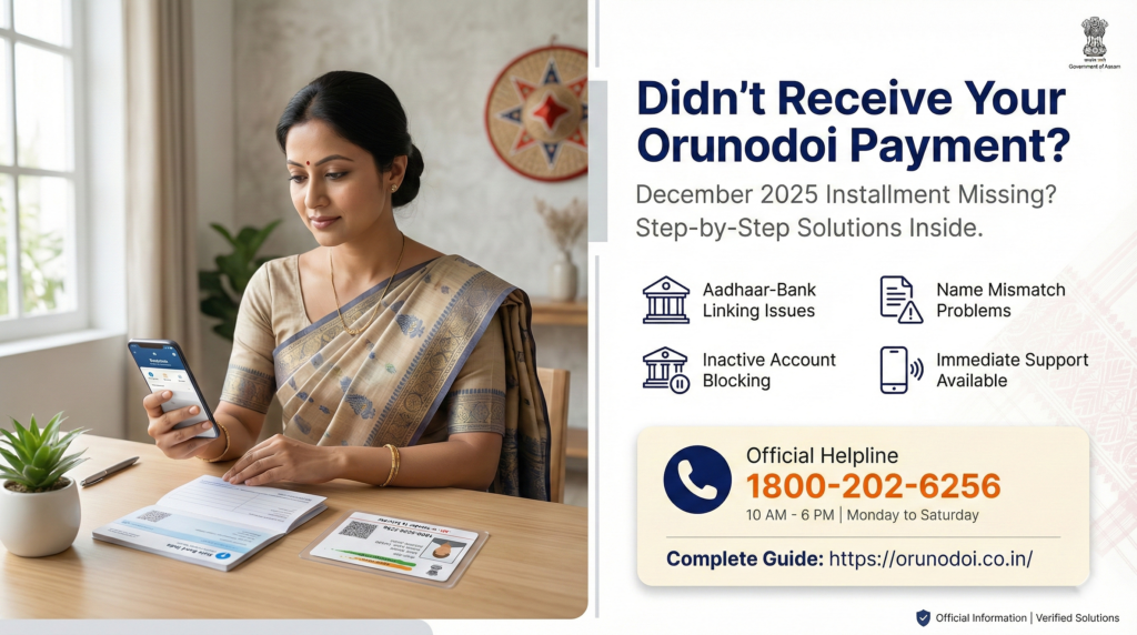 Orunodoi payment, Orunodoi 3.0, December installment, Orunodoi payment not received, DBT payment, Aadhaar linked bank account, Aadhaar bank linking, name mismatch, inactive bank account, dormant bank account, Orunodoi beneficiary, beneficiary list, payment failure, Orunodoi helpline, bank seeding status, correction pending at state, Gaon Panchayat, Circle Office, BDO, Orunodoi grievance, Orunodoi complaint